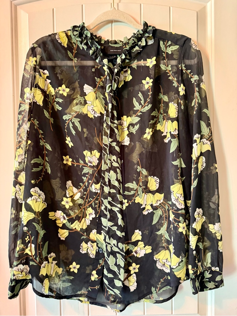 Who What Wear Black Blouse with Yellow and Green Floral Print Sheer